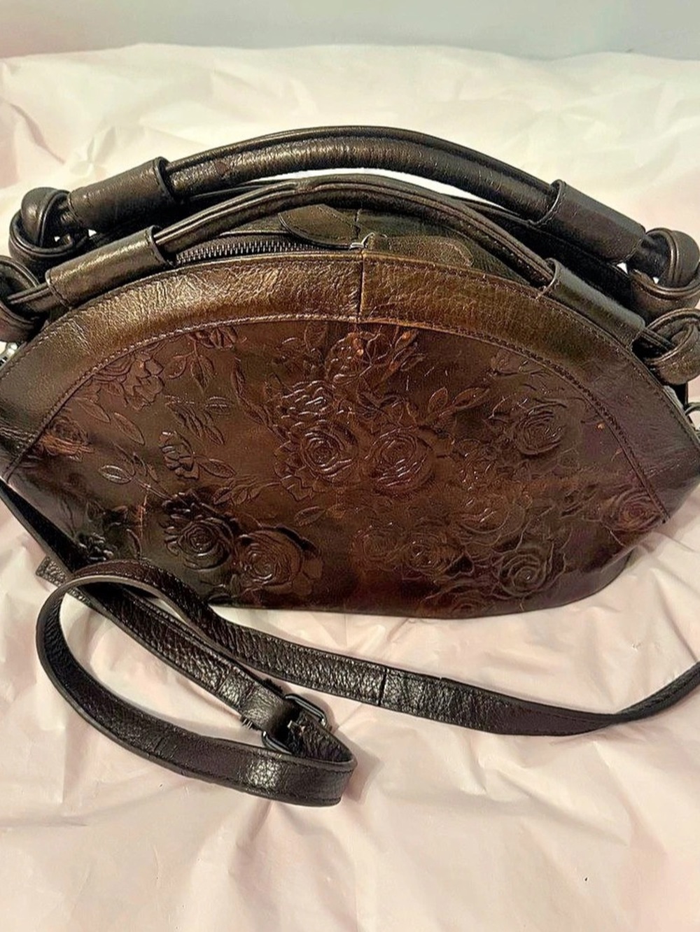 Embossed Rose Floral Handmade Genuine Leather Top Handle Bag in Brown w/ Bronze